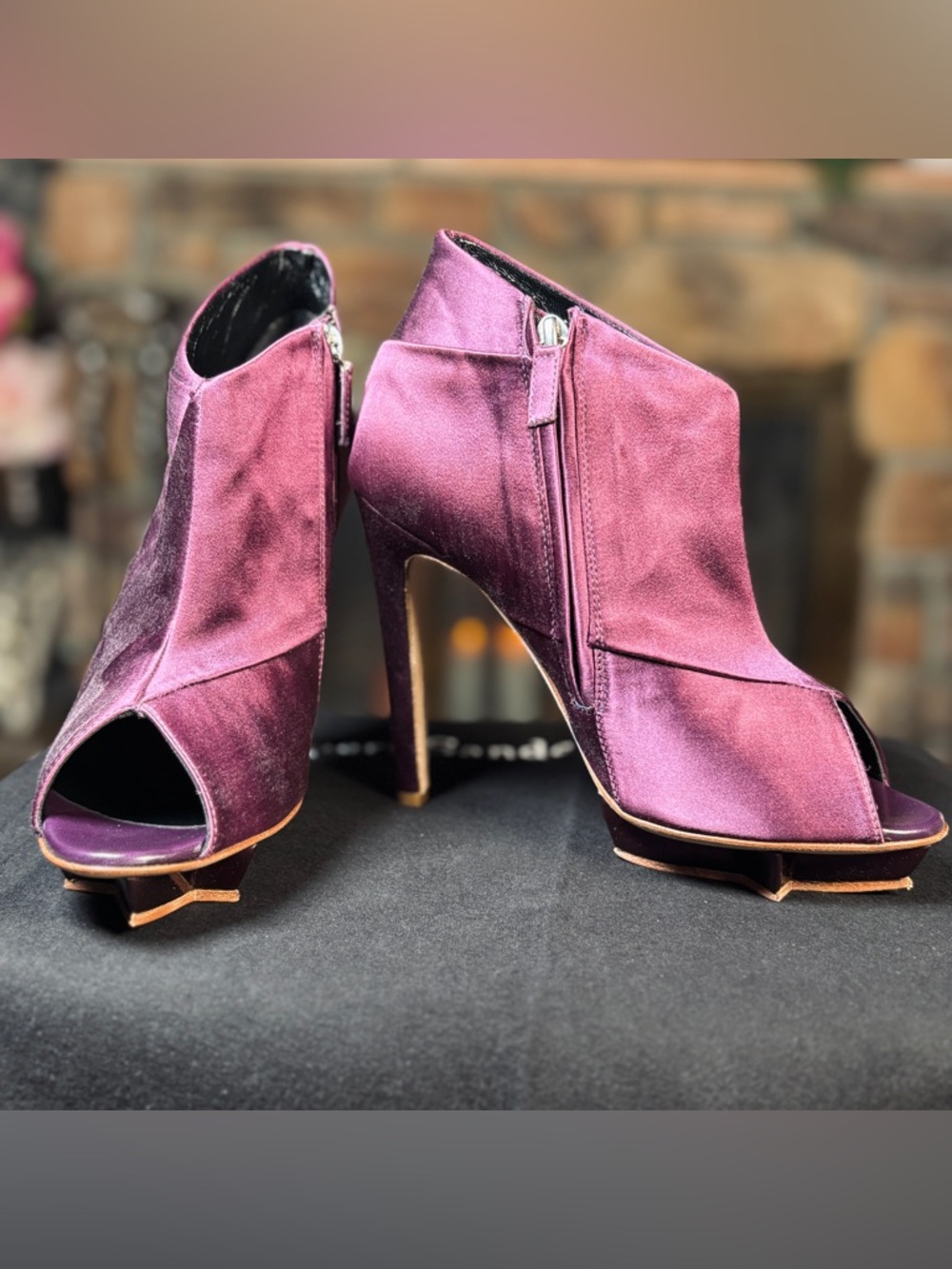 Rupert Sanderson Purple Satin Peep Toe Star Platform 125mm Heeled Bootie Sz 36.5